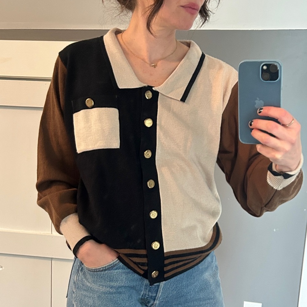 Colorblock Brown, Black & Cream Knit Cardigan with Gold Buttons